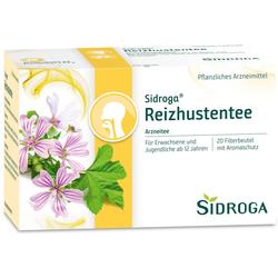 Verpackung von Sidroga Reizhustentee mit Blüten und grünen Blättern abgebildet.
