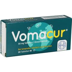 Verpackung von Vomacur-Tabletten gegen Schwindel, Übelkeit und Erbrechen.