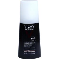 Schwarzes Deodorant-Spray mit weißem Deckel, Marke Vichy Homme, für 24 Stunden Frische.