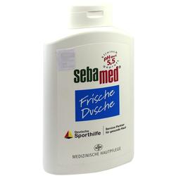 Weiße Flasche mit der Aufschrift "sebamed Frische Dusche".